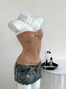 SHEIN Unity Top corta con bandeau fruncida con lazo de lentejuelas - Champán - Ver 3