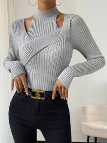 Chiquease 镂空环绕交叉罗纹针织毛衣、长袖上衣