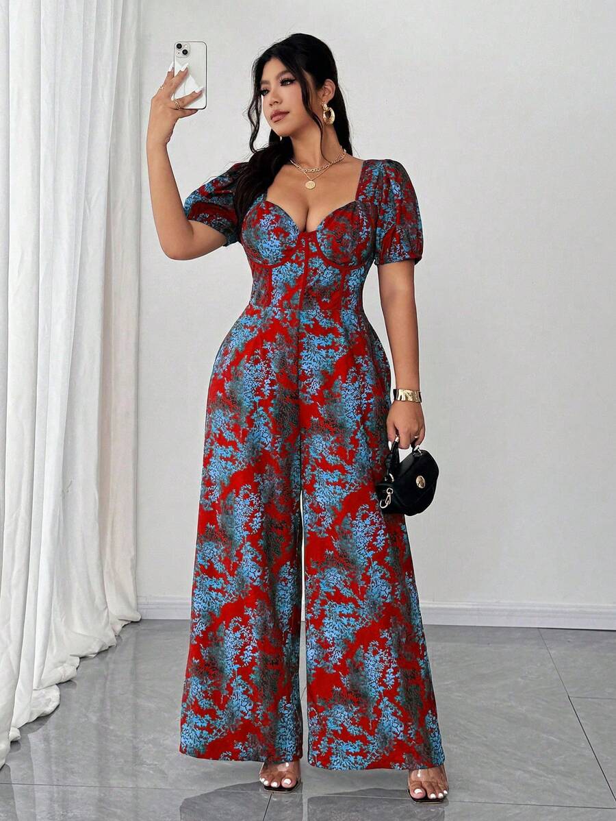 Elenzga 大码女式性感度假风全身印花甜心领泡泡袖束腰阔腿连体裤 - 彩色 - 查看 1