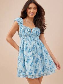 WESTFADE 乡村花卉印花孔眼甜心领蝴蝶结前部锁孔镂空泡泡袖修身喇叭形 A 字形太阳裙乡村夏季女士服装海滩度假服装 - 藍色 - 查看 5