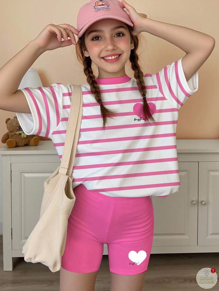 SHEIN 2pcs/Set Tween Girls' Casual Minimalist Pink Striped Heart Pattern Short Sleeve T-Shirt And Shorts, Back To School, Preppy Style, Suitable For Summer - Multicolor - View 1