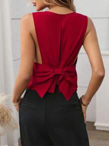 SHEIN Clasi Áo ba lỗ trang trí nơ lưng trơn màu giản dị - Đỏ - Xem 2