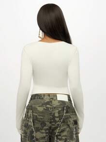 SUMWON WOMEN V-Neck Crop Top Long Sleeve Butterfly Design Fitted Stretch Winter Fall Fashion Y2K Statement Casual Party Club Festival Knit Blouse