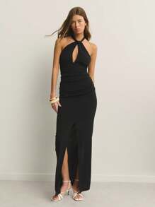 Nöista 超长廓形，光滑弹力面料，露背领口，锁孔设计；迷人的褶皱腰部和前开衩；适合女性机场装和休闲骄傲庆典造型；时尚百搭的夏季必备单品。 - 黑色 - 查看 3