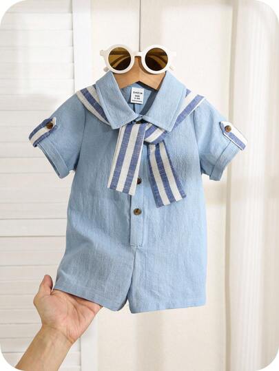 SHEIN Camisa de manga corta de unicolor casual para bebé/niño pequeño, mono con capa a rayas y pantalones cortos, apropiado para usar en primavera/verano, en casa y para salir