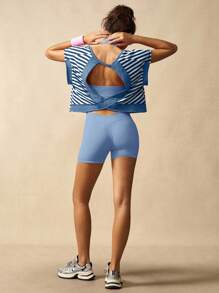 VARSIVA Áo thun thể thao tay ngắn cổ tròn hở lưng họa tiết sọc thời trang mùa hè - Xanh và trắng - Xem 4