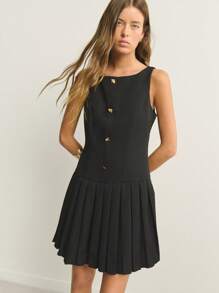 Nöista 女式时尚优雅单排扣褶裥无袖迷你连衣裙 - 黑色 - 查看 3