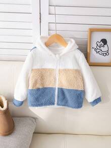SHEIN Babyboy/Babygirl Casual Cute Colorblock Fluffy Hooded Long Sleeve Jacket, Autumn/Winter Fall - Multicolor - View 15