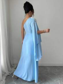 Rafferiza Asymmetric Neck Blue Dress With Floral Lace Trim & Cinched Waistline, Slimming Long Dress