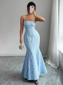 Selianne Elegant Fashion Sleeveless Cross Tie Blue Floral Textured Satin Halter Fishtail Women Wedding Guest Gown Party Dress Summer Dress