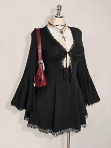 SHEIN ICON Váy len tay loe thêu ren cổ chữ V cỡ lớn, váy ngắn thắt nơ hở lưng cổ chữ V gợi cảm, Y2K, trang phục Halloween - màu đen - Xem 7