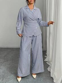 Modelyn Plus Size Woven Striped Long Sleeve Two Pieces With Drawstring Fall Cloth For Women - Blue - View 5