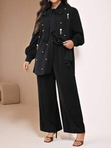 Veilorie Women's Plus Size Tie Up Loose Pearl Tassel Blouse & Wide Leg Pants 2 Pieces Set - Black - View 5