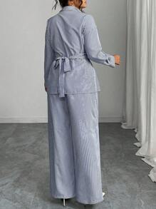 Modelyn Plus Size Woven Striped Long Sleeve Two Pieces With Drawstring Fall Cloth For Women - Blue - View 2