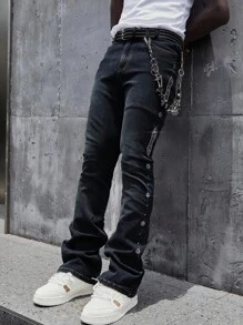 ROMWE MEN Street Life Spring/Summer Casual Men'S Sparkling Diamond Layered Flare Jeans - Dark Wash - View 1