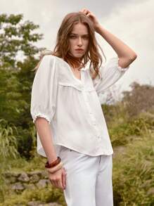 Lumivelle Blusa de mujer con cuello en V, apertura frontal y mangas 3/4, con parches y bordados, casual para verano y vacaciones - Blanco - Ver 4