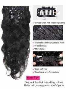 8 piezas de extensiones de cabello humano virgen negro natural de onda suelta con clips, extensiones de cabello con clips, extensiones de cabello de trama de onda corporal, extensiones de cabello con clips - Natural Black - Ver 3