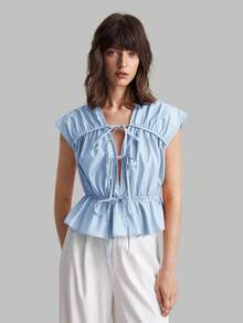 Ontre 2025年秋季女士蓝色抽绳衬衫，休闲返校装，都市商务休闲沙滩装，波西米亚风，适合万圣节、圣诞节和派对 - 藍色 - 查看 3