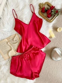 SilkySpell Set de lencería de 2 piezas para mujer compuesto por top de tirantes con escote pronunciado y shorts, de malla transparente y acabado de encaje de satén elegante