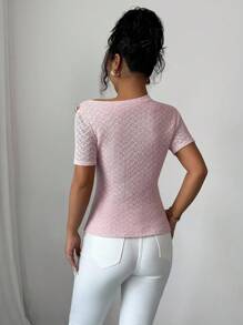 Elenzga Women's Pastel Color Jacquard Lace Asymmetrical Neckline Metal Buckle Decor Short Sleeve T-Shirt - Pink - View 2