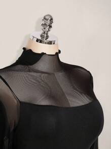 SHEIN ICON 加大码 Y2K 长袖网眼拼接紧身衣，万圣节性感网眼紧身衣，万圣节服装，秋季