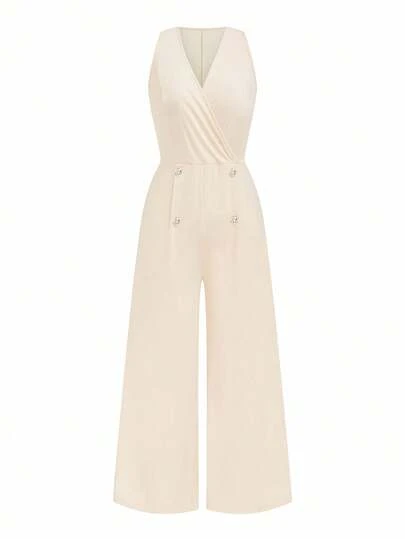 SHEIN Clasi 大码女式简约纯色斜领无袖阔腿连体裤，适合通勤和日常穿着