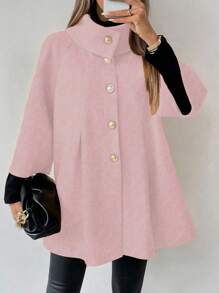 LanaWest Women's Casual Front Button Loose Raglan Sleeve Woolen Coat, For Daily Wear - Pink - View 1