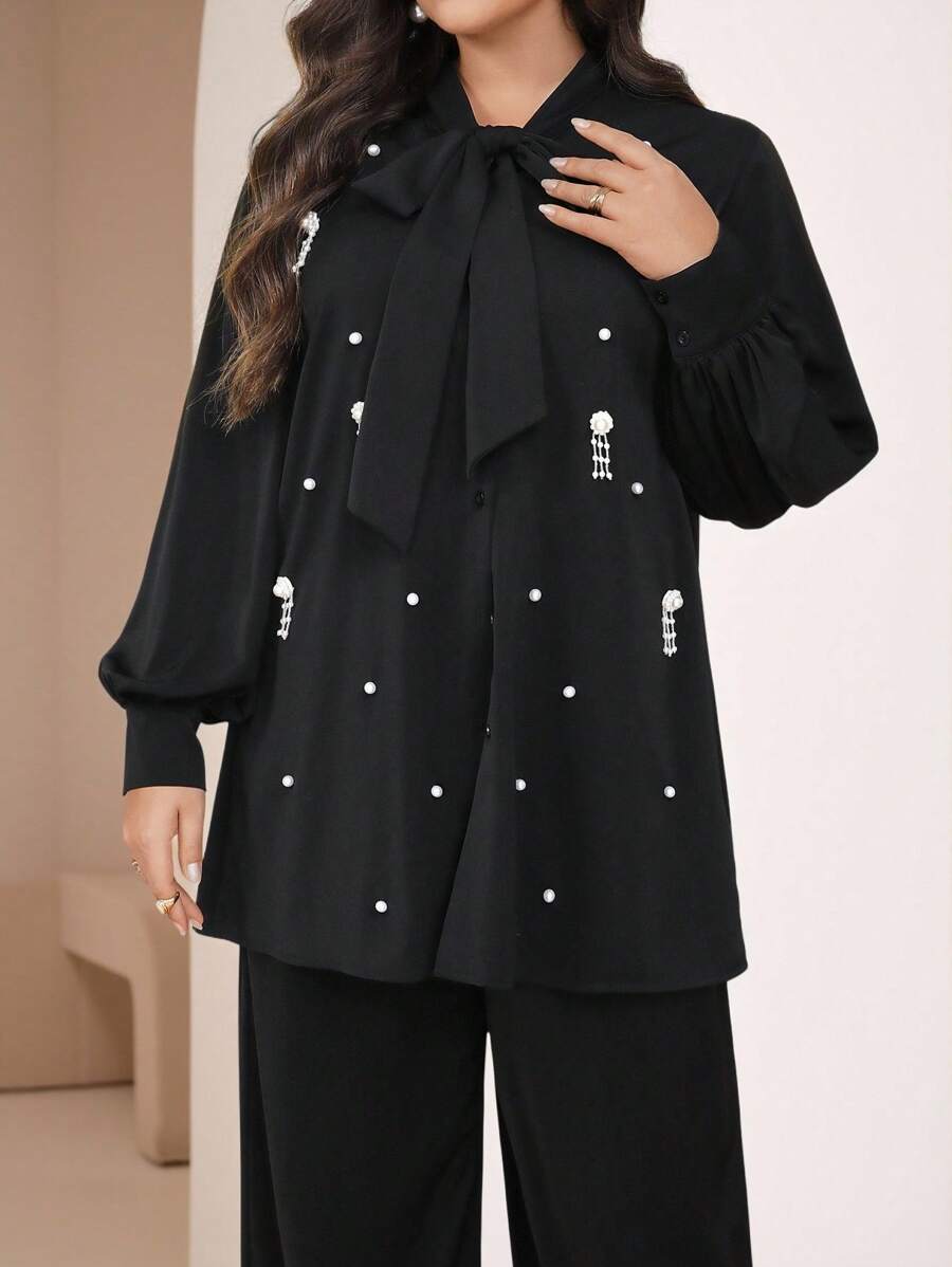 Veilorie Women's Plus Size Tie Up Loose Pearl Tassel Blouse & Wide Leg Pants 2 Pieces Set - Black - View 1