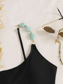 Swim Chiccia 女士夏季海滩音乐节单肩闪亮尼龙棕色串珠优雅度假风格连体衣 - 黑色 - 查看 5