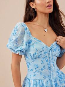 WESTFADE Floral Print Mesh V Neck Bow Tie Front Short Puff Sleeve Drop Waist Tiered Ruffle Mini Dress Country Concert Outfit, Fall, Autumn, Winter, Western Wear, Boho, Vacation