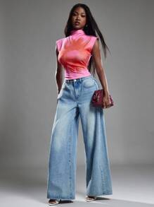 NYA SZN 短袖高领短款花朵细节休闲日常早午餐上衣 女士春夏上衣 - 玫紅色 - 查看 7