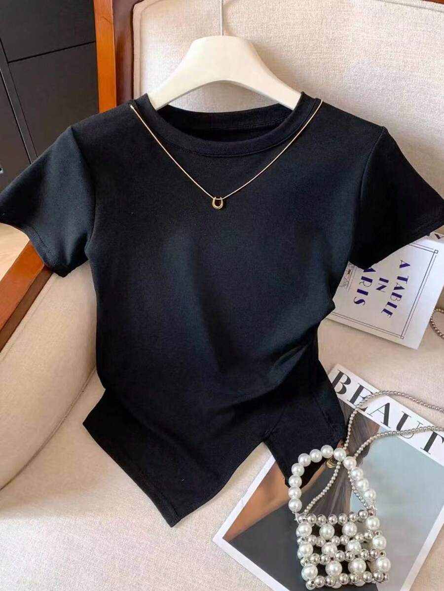 GlowEve Kaos Lengan Pendek Kasual Serbaguna Kerah Bulat Warna Polos, Musim Panas - Hitam - View 1