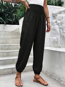 SHEIN LUNE Pantalones joggers de talle alto con cordón para mujer, de unicolor - Negro - Ver 7