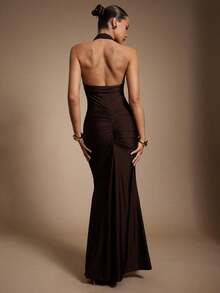 Hauture 女式夏季性感夜场扭肩深棕色亮片长裙 - 棕色 - 查看 2