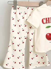 SHEIN 2pcs/Set Young Girl Vintage Cute Cherry Pattern Round Neck Short Sleeve T-Shirt And Flare Pants Outfit,Suitable For Summer,School,Back-To-School - Multicolor - View 5