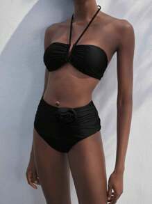 Maija 女士简约纯色褶皱胸围露背系带领花卉装饰比基尼套装，海滩度假装 - 黑色 - 查看 5