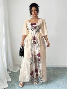 SHEIN Clasi Váy Celure cỡ lớn thêu hoa cổ chữ V thanh lịch, thường ngày cho mùa xuân/hè - Màu be - Xem 5