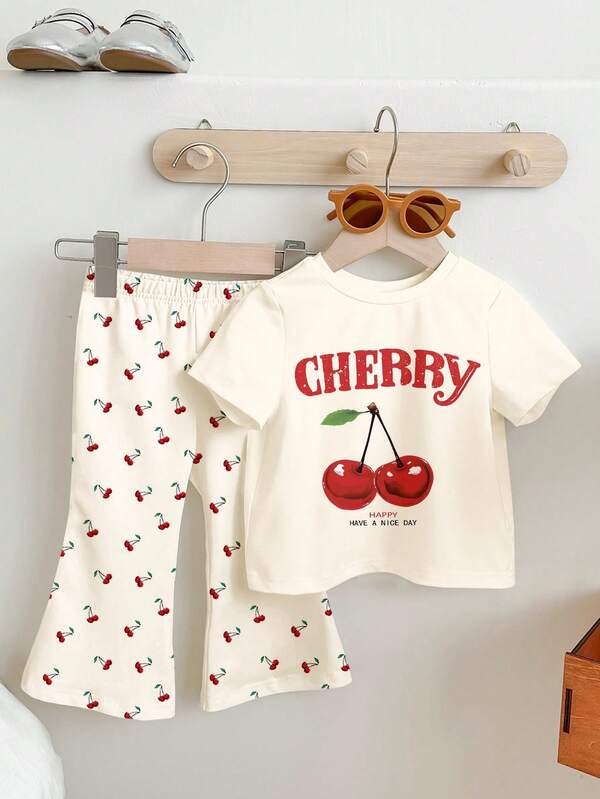 SHEIN Cream White, Vintage Cute Sweet Mini Cherry Pattern, Baby Girl Casual Minimalist Short Sleeve Round Neck T-Shirt And Flare Pants Set, Suitable For Autumn
