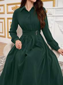 Modelyn 简约前扣系带领长袖端庄连衣裙长款晚礼服 - 墨綠色 - 查看 2