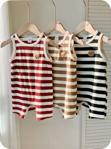 SHEIN 3件套新生儿男宝宝可爱夏季休闲针织条纹熊图案无袖连体衣 - 彩色 - 查看 1