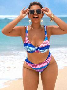 Swim Vcay Conjunto de 2 piezas de traje de baño de mujer talla grande con estampado de líneas geométricas aleatorias y sujetador con aros - Multicolor - Ver 4