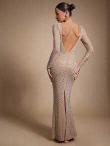 Hauture Sexy Summer Party Night Out Embellished Hot Fix Rhinestone Long Sleeve Deep Back Maxi Dress - Khaki - View 1