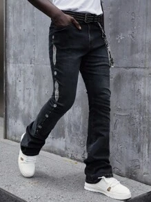 ROMWE MEN Street Life Spring/Summer Casual Men'S Sparkling Diamond Layered Flare Jeans - Dark Wash - View 4