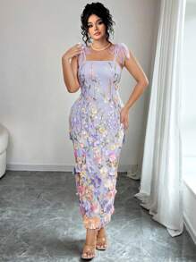 Elenzga 大码女式3D花卉印花淑女海滩度假连衣裙 - 紫色 - 查看 3