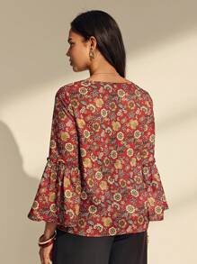 Chiquease 女式优雅印花休闲宽松衬衫 - 酒紅色 - 查看 6