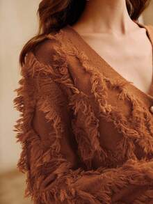 Anewsta Fashionable Fringe V-Neck Long Sleeve Knit Cardigan,Loose Flattering Design,Rust Brown,Autumn,Chic,Tea Party,Suitable For Fall,Winter,New Year,Elegant - Brown - View 1