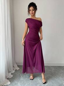 Modelyn Women's Asymmetric Ruched French Elegant Mesh Shoulder Dress - Purple - View 4