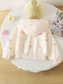 Young Girl Casual Everyday Bow Print Zip-Up Hooded Jacket Fall Winter - Multicolor - View 2