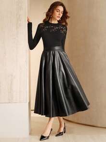 Anewsta Suéter elegante y delgado de mujer con cuello alto, parches de encaje y calado - Negro - Ver 3