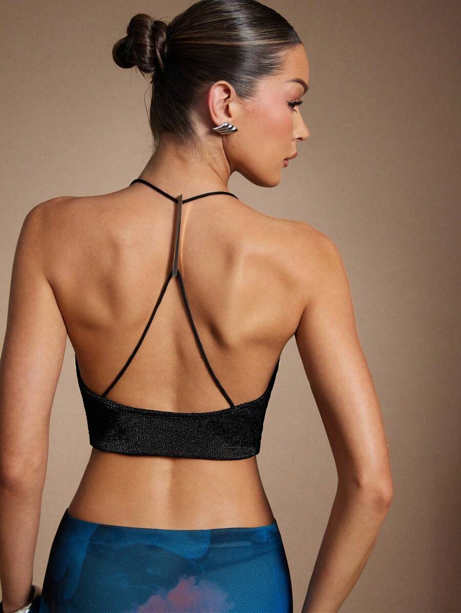 Hauture GOLD BAR TRIM HALTER BRA TOP WITH ZIPPER - Black - View 1